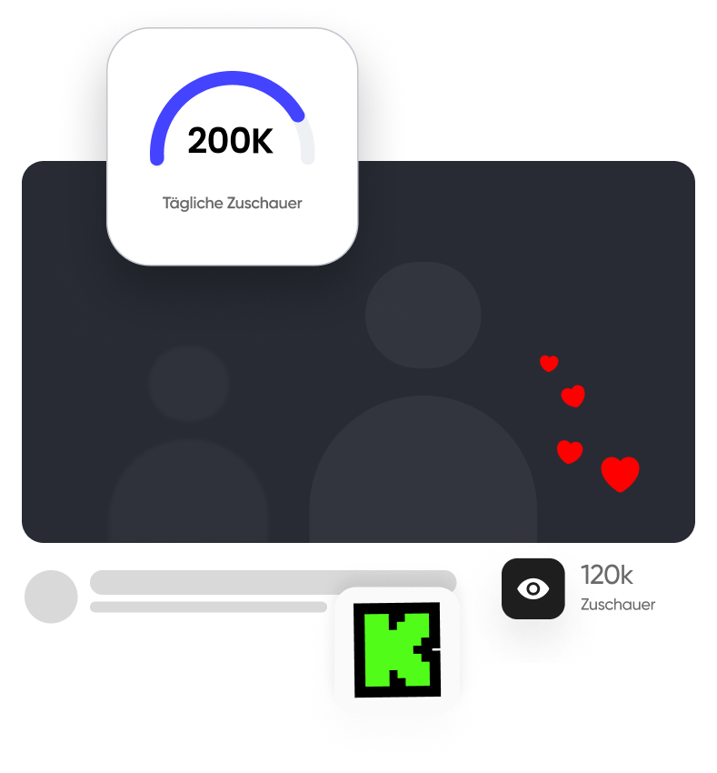Diagramm mit täglicher Zuschauerzahl und Benachrichtigungen zu Kick Plattform, umgeben von Herz-Symbolen.